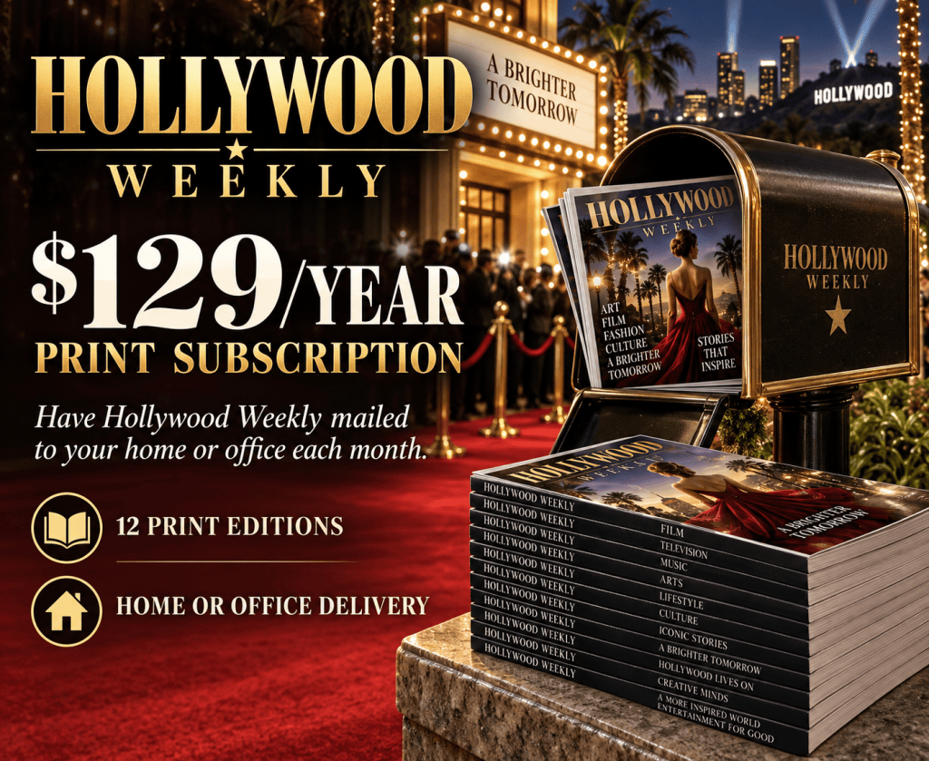 Promotional image for Hollywood Weekly print subscription, featuring a mailbox with the magazine and details on the subscription price and delivery options.